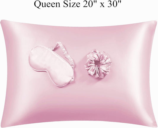 Satin Pillowcase for Hair and Skin, Vegan Silk Pillowcase Set-2 Pink Satin Pillowcases, 1 Eye Mask, 1 Scrunchie-Luxury Sleep Set, Silky Satin Pillow Cases Queen Size with Envelope Closure