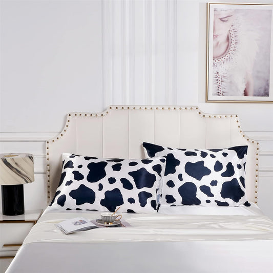 Satin Pillowcase for Hair and Skin, Cow Print Pillow Cases 2 Pack King Satin Pillowcase Set of 2 Cooling Silky Cow Pillowcase with Envelope Closure (20X36 Inches, Black and White)