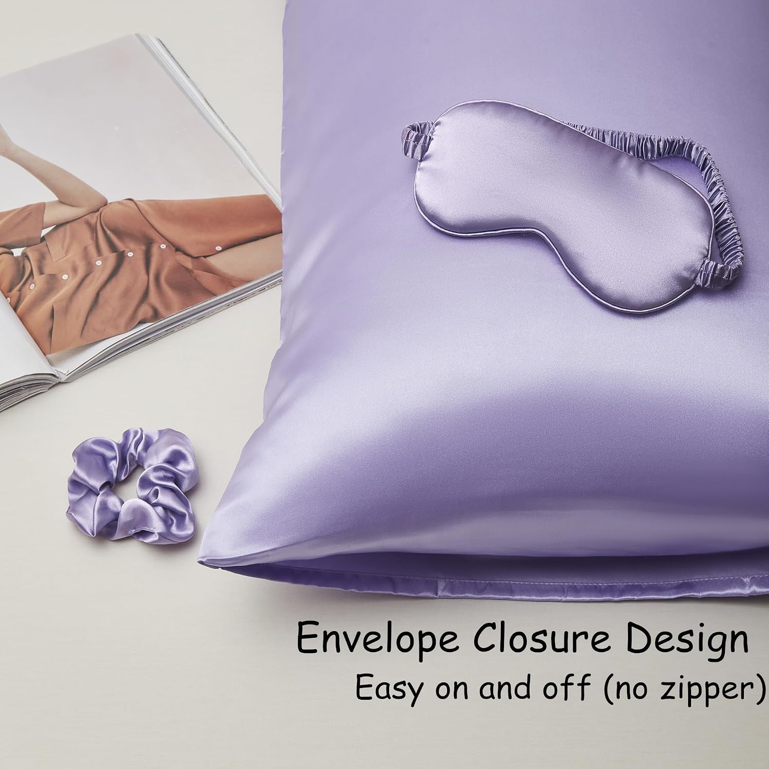 Satin Pillowcase for Hair and Skin, Vegan Silk Pillowcase Sleep Set-2 Purple Satin Pillowcases, 1 Eye Mask, 1 Scrunchie, Soft Silky Satin Pillow Cases Queen Size with Envelope Closure