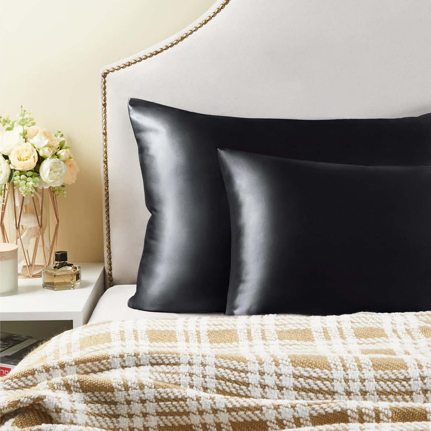 Satin Pillowcase for Hair and Skin, Super Soft Similar to Silk Pillow Cases 4 Pack with Envelope Closure, Cooling Pillowcases for Women Men (20"X30" Queen Size, Black)