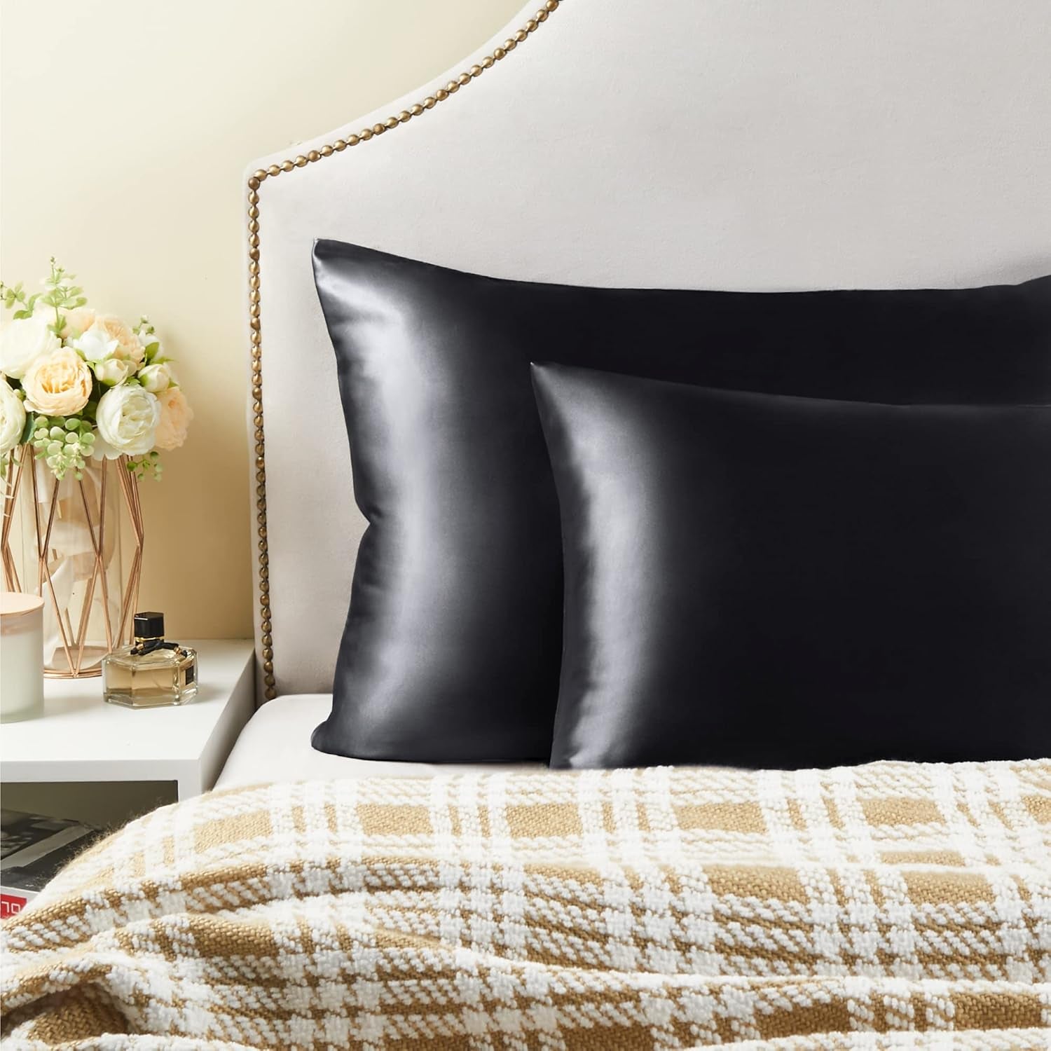 Satin Pillowcase for Hair and Skin, Super Soft Similar to Silk Pillow Cases 4 Pack with Envelope Closure, Cooling Pillowcases for Women Men (20"X30" Queen Size, Black)