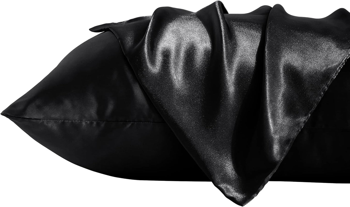 2 Pack Standard Silk Satin Pillowcases for Hair and Skin, Silky Soft and Luxurious Bedding Pillow Cases with Envelope Closure, 20X26 Inches, Black