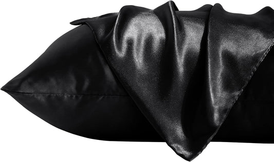 2 Pack Standard Silk Satin Pillowcases for Hair and Skin, Silky Soft and Luxurious Bedding Pillow Cases with Envelope Closure, 20X26 Inches, Black