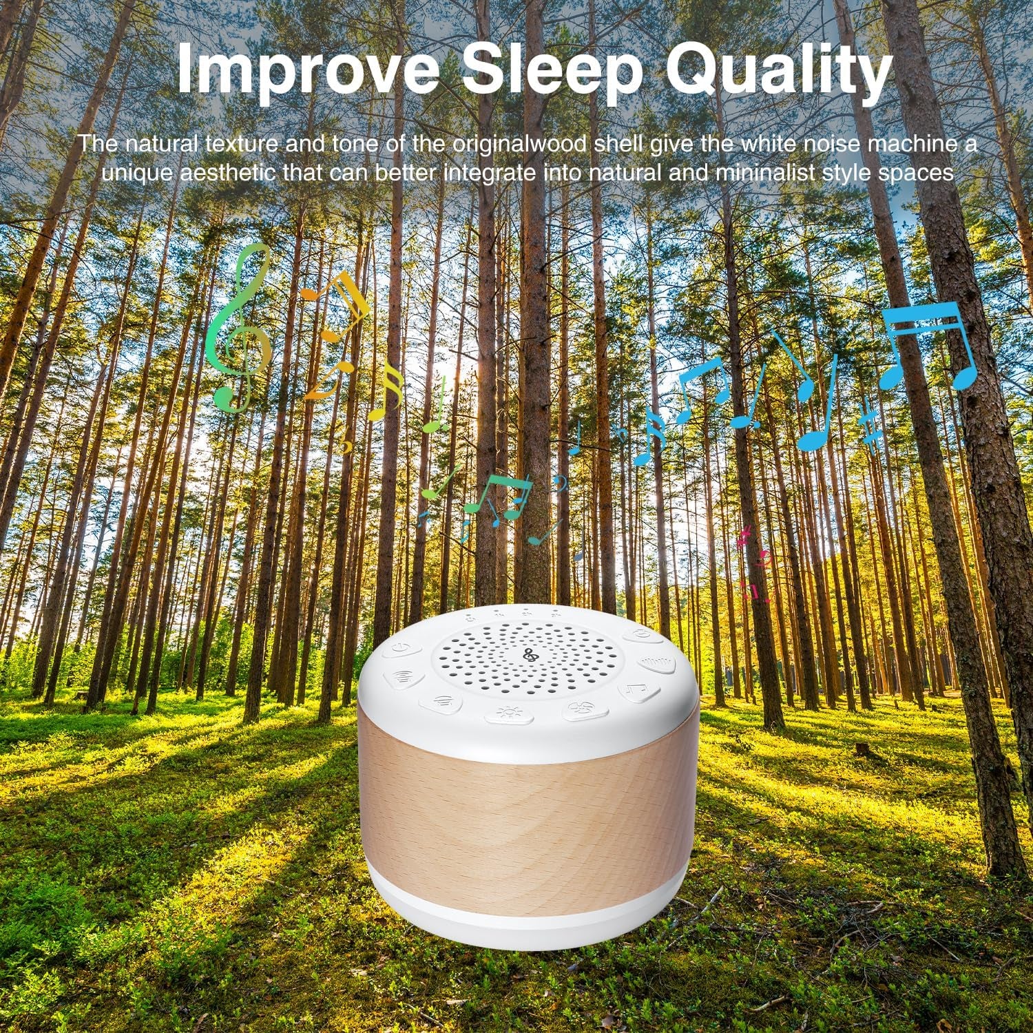 Solid Wood White Noise Sound Machine for Baby Adults Kids Sleep Sound Machine with 24 Soothing Sounds 8 Colors Night Light Timer Setting Function Portable Noise Machine for Gift (White, 3.93)