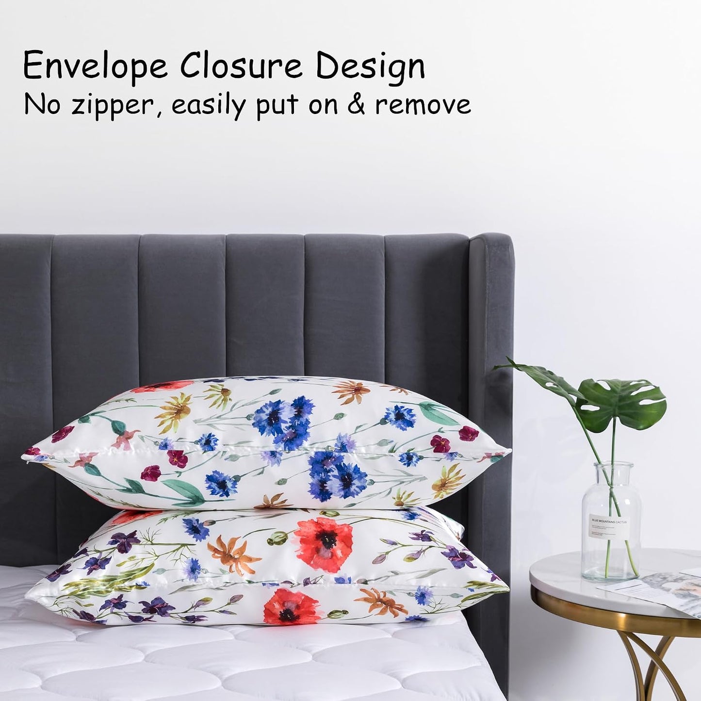 Satin Pillowcase for Hair and Skin, Super Soft and Cooling Similar to Silk Pillow Cases 2 Pack with Envelope Closure Standard Size Satin Pillow Covers, Gifts for Women(20"X26", Floral)
