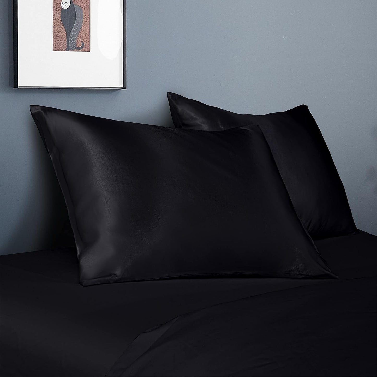 2 Pack Standard Silk Satin Pillowcases for Hair and Skin, Silky Soft and Luxurious Bedding Pillow Cases with Envelope Closure, 20X26 Inches, Black