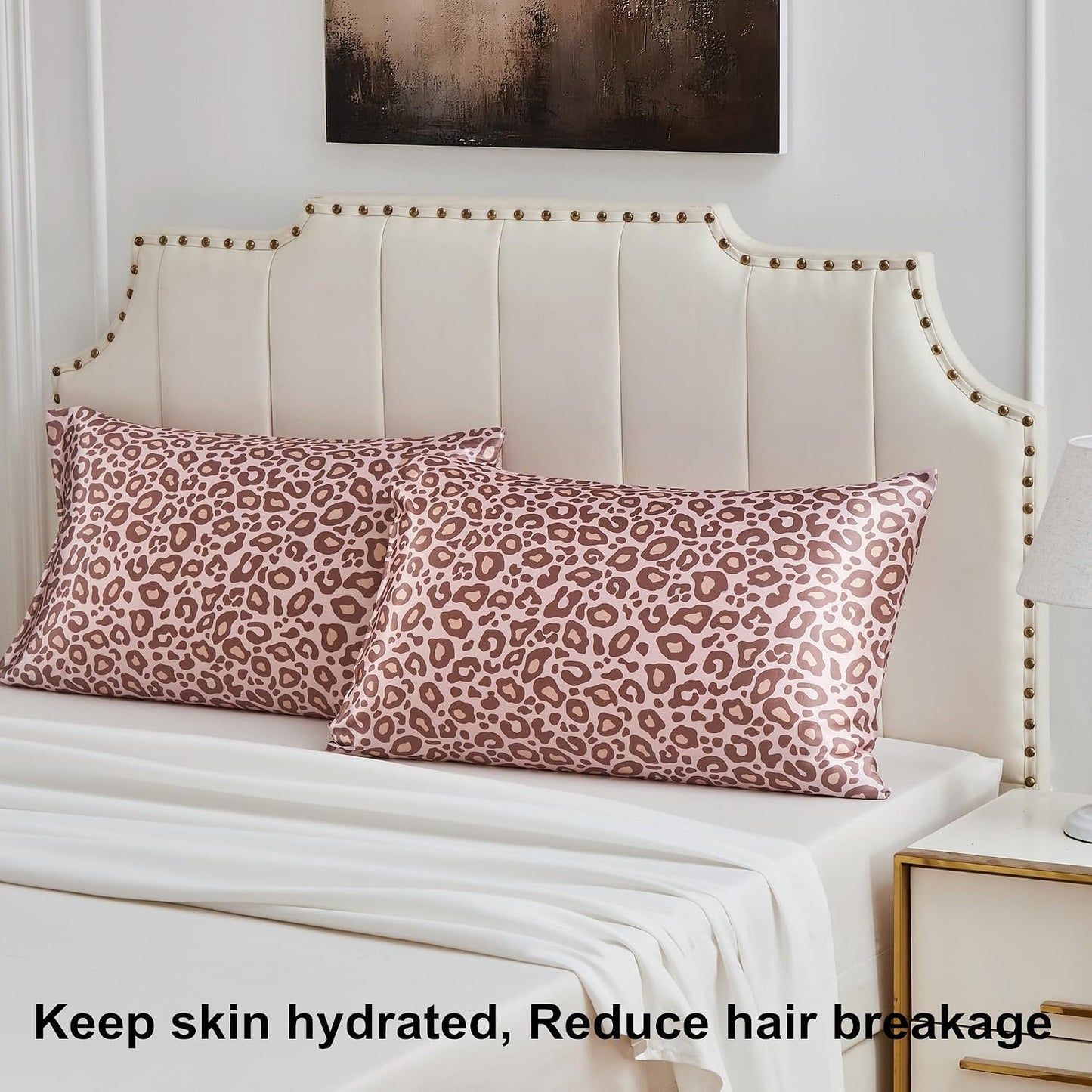 Satin Pillowcase for Hair and Skin, Super Soft Vegan Silk Sleep Set-2 Satin Pillow Cases Standard Size, 1 Eye Mask, 1 Scrunchie, Self Care Essential Satin Night Routine Kit, Pink Leopard