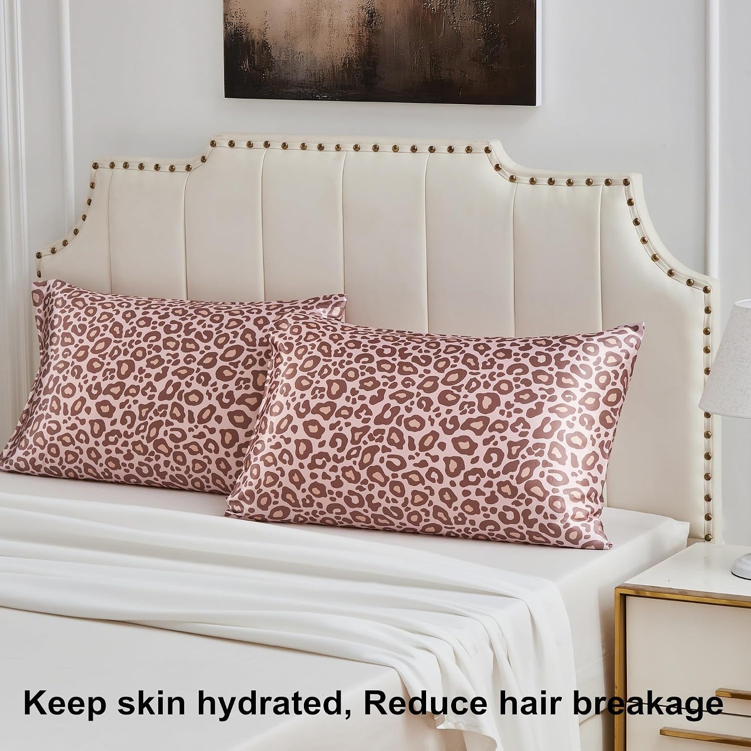 Satin Pillowcase for Hair and Skin, Super Soft Vegan Silk Sleep Set-2 Satin Pillow Cases Standard Size, 1 Eye Mask, 1 Scrunchie, Self Care Essential Satin Night Routine Kit, Pink Leopard