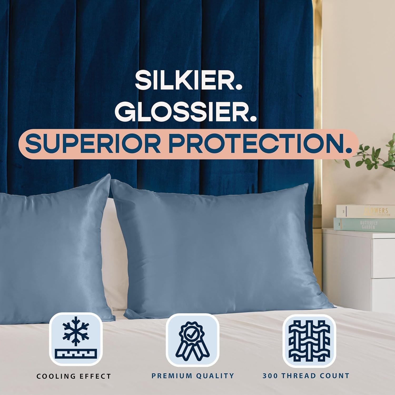 Satin Pillowcase with Zipper, for Hair and Skin Care, Feels Soft and Cool like a Silk Pillowcase, Satin Pillow Cases 2 Pack, Slik Pillow Cover, Slate Blue - Standard Size, Set of 2