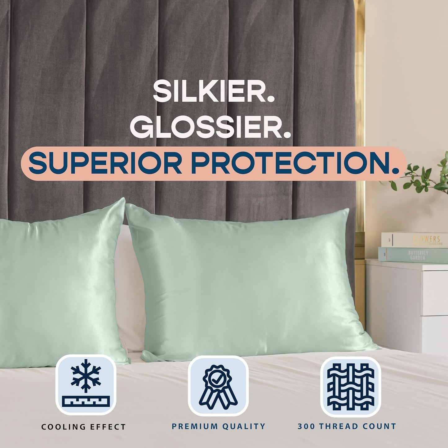Satin Pillowcase with Zipper, for Hair and Skin Care, Feels Soft and Cool like a Silk Pillowcase, Satin Pillow Cases 2 Pack, Slik Pillow Cover, Mint - Standard Size, Set of 2