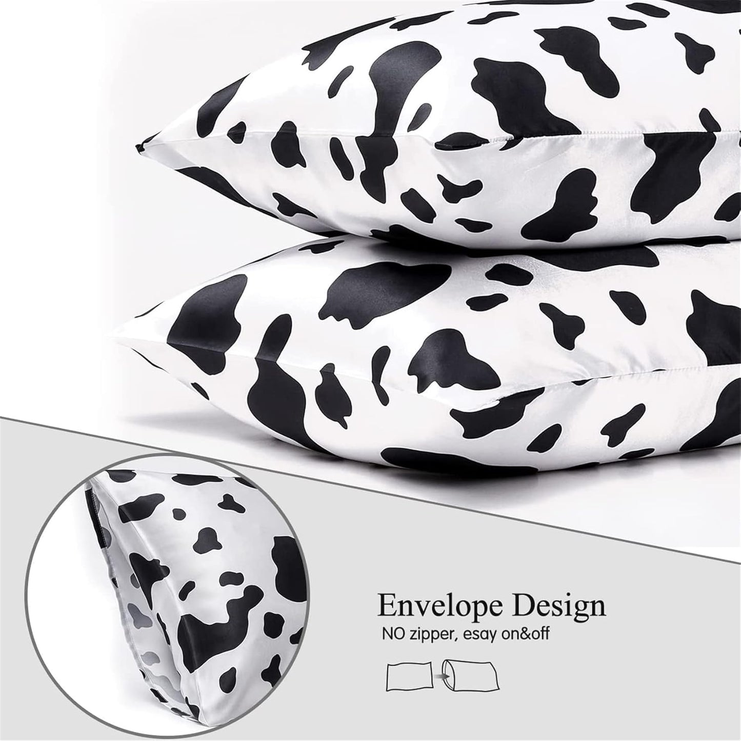 Satin Pillowcase for Hair and Skin, Cow Print Pillow Cases 2 Pack King Satin Pillowcase Set of 2 Cooling Silky Cow Pillowcase with Envelope Closure (20X36 Inches, Black and White)