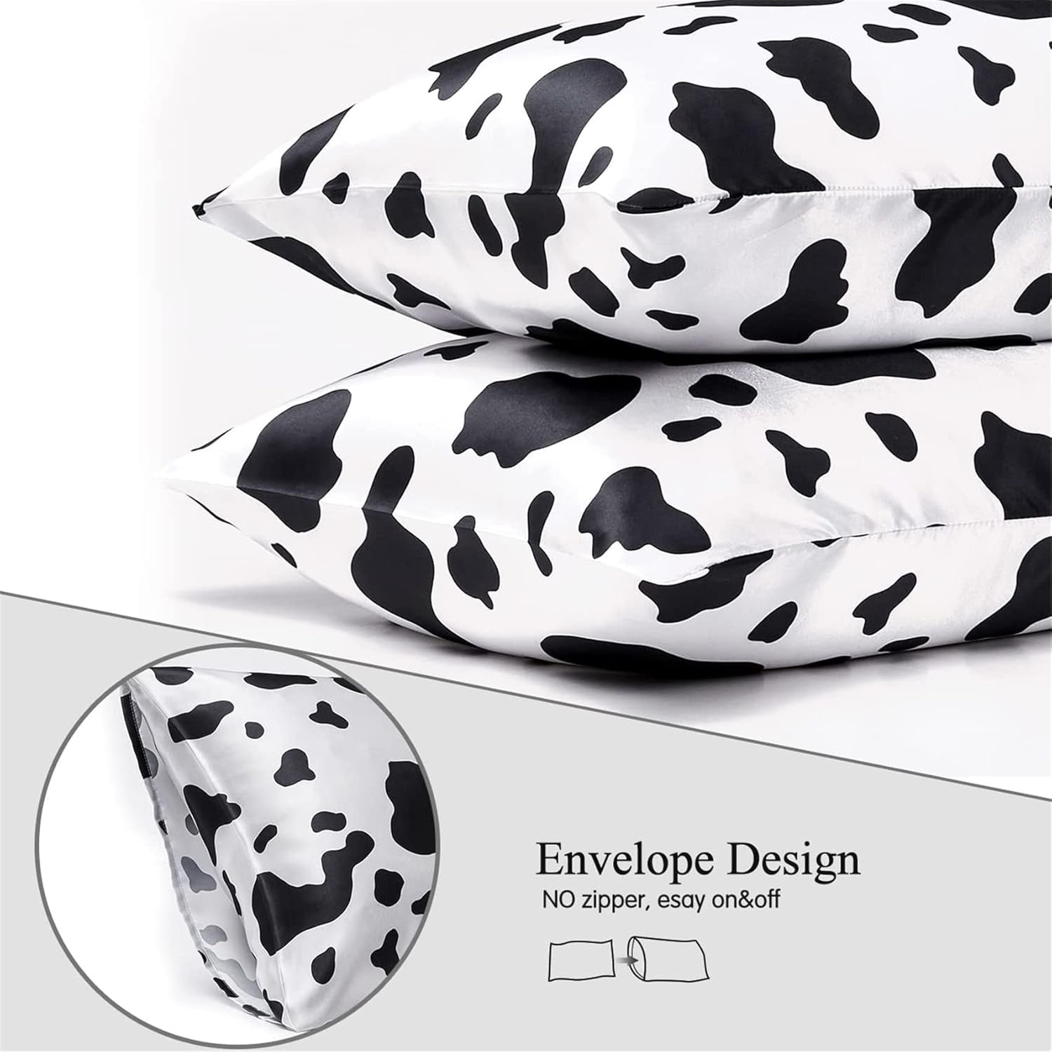 Satin Pillowcase for Hair and Skin, Cow Print Pillow Cases 2 Pack King Satin Pillowcase Set of 2 Cooling Silky Cow Pillowcase with Envelope Closure (20X36 Inches, Black and White)