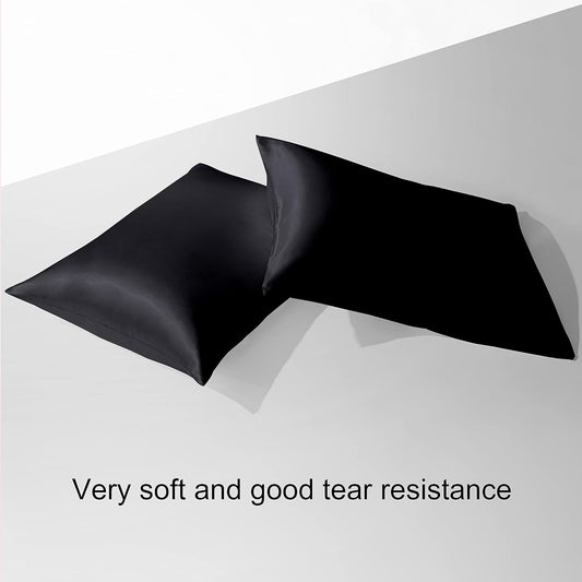 2 Pack Standard Silk Satin Pillowcases for Hair and Skin, Silky Soft and Luxurious Bedding Pillow Cases with Envelope Closure, 20X26 Inches, Black