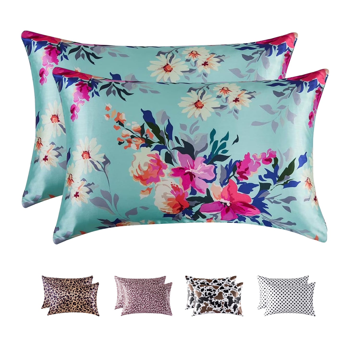 Satin Pillow Case, 2 Pack Satin King Silky Pillowcase for Hair and Skin, Satin Pillowcase Set of 2, 20X40, Floral Green