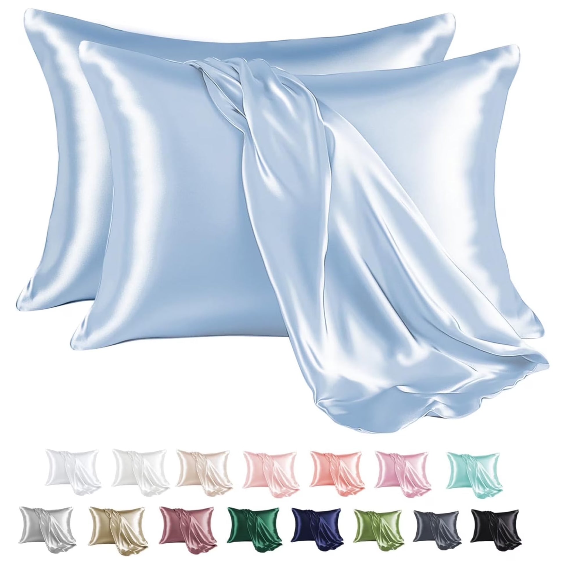 Satin Pillow Case, 2 Pack Satin Standard Silky Pillowcase for Hair and Skin, Satin Pillowcase Set of 2, 20X26, Light Blue