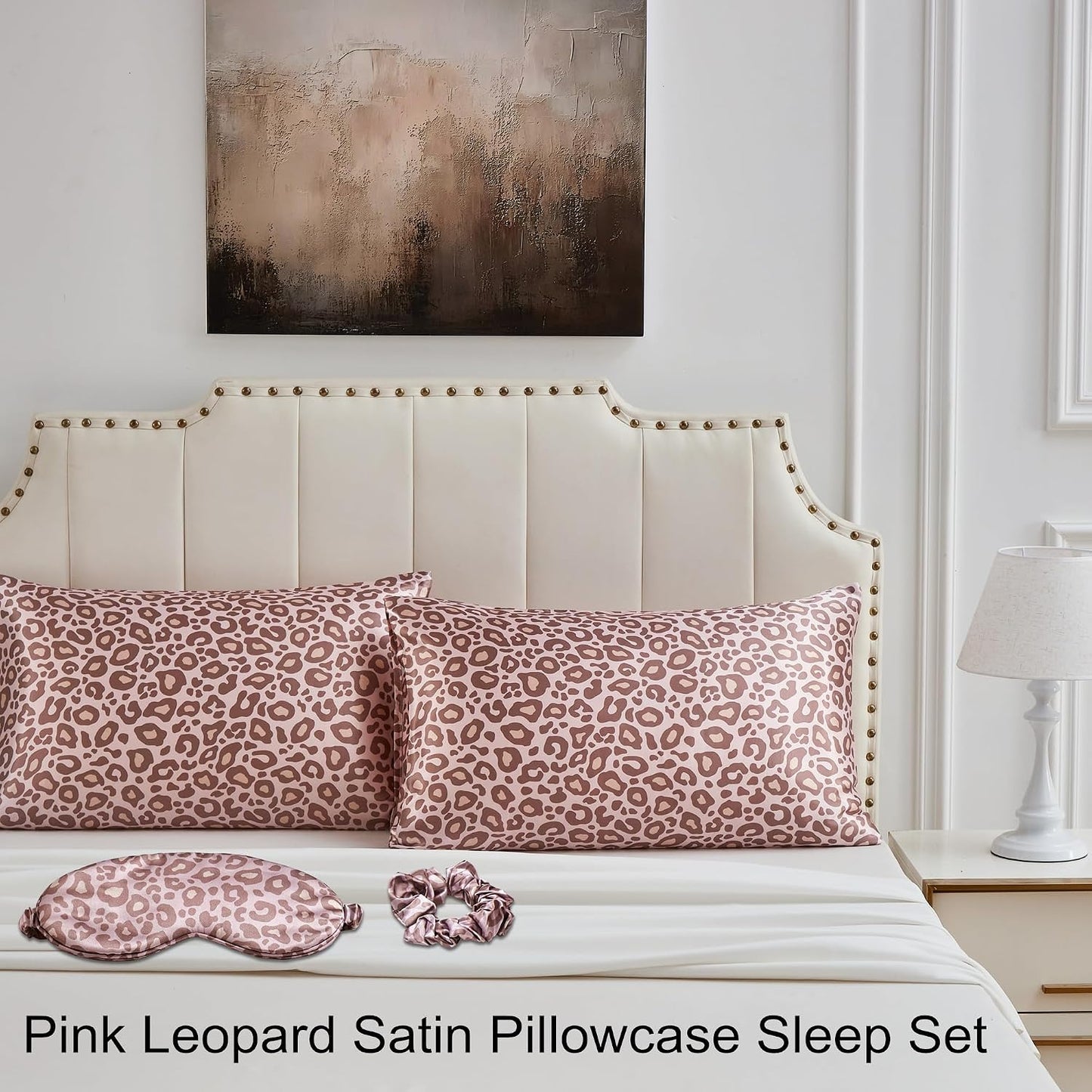 Satin Pillowcase for Hair and Skin, Super Soft Vegan Silk Sleep Set-2 Satin Pillow Cases Standard Size, 1 Eye Mask, 1 Scrunchie, Self Care Essential Satin Night Routine Kit, Pink Leopard