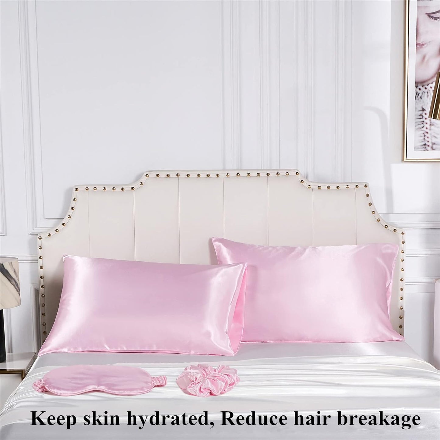 Satin Pillowcase for Hair and Skin, Vegan Silk Pillowcase Set-2 Pink Satin Pillowcases, 1 Eye Mask, 1 Scrunchie-Luxury Sleep Set, Silky Satin Pillow Cases Queen Size with Envelope Closure