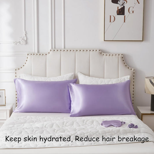 Satin Pillowcase for Hair and Skin, Vegan Silk Pillowcase Sleep Set-2 Purple Satin Pillowcases, 1 Eye Mask, 1 Scrunchie, Soft Silky Satin Pillow Cases Queen Size with Envelope Closure