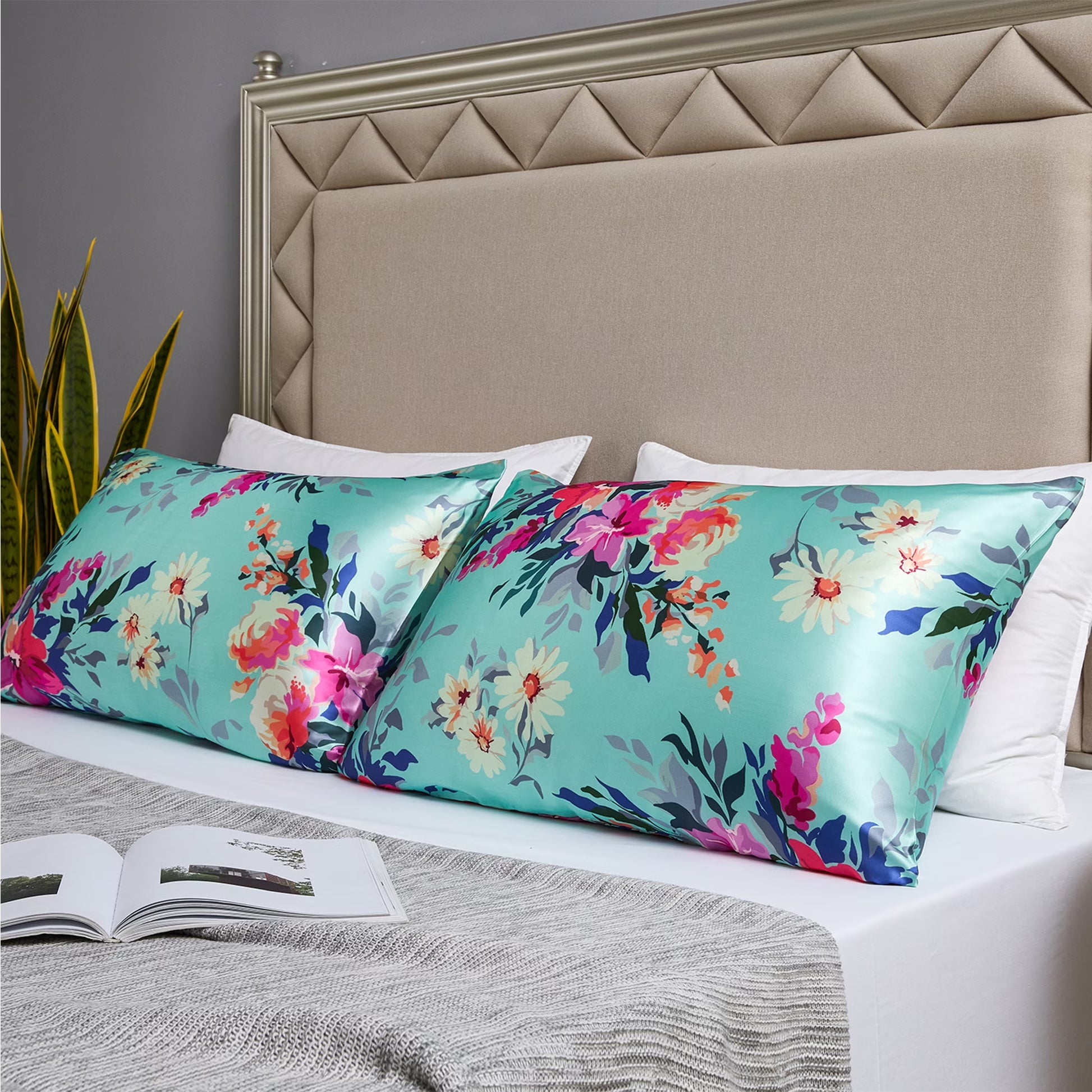 Satin Pillow Case, 2 Pack Satin King Silky Pillowcase for Hair and Skin, Satin Pillowcase Set of 2, 20X40, Floral Green
