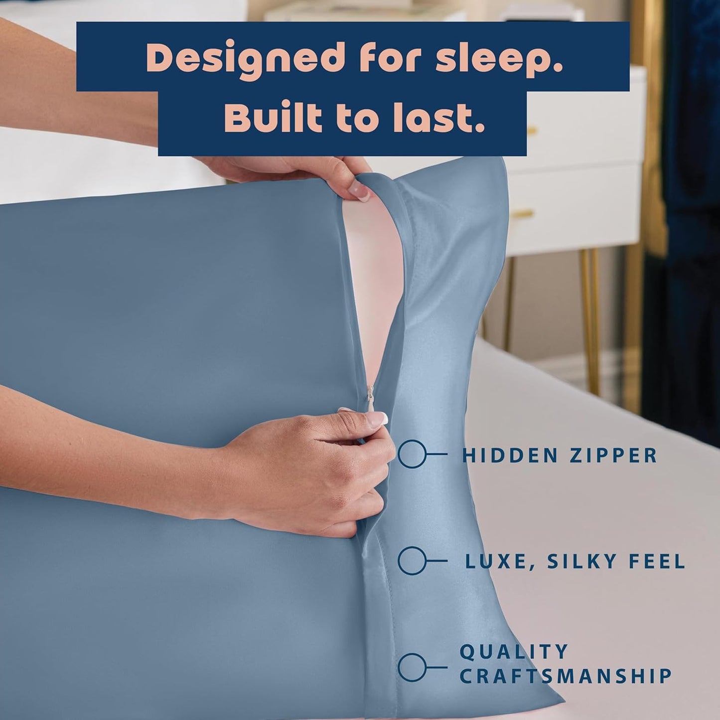 Satin Pillowcase with Zipper, for Hair and Skin Care, Feels Soft and Cool like a Silk Pillowcase, Satin Pillow Cases 2 Pack, Slik Pillow Cover, Slate Blue - Standard Size, Set of 2