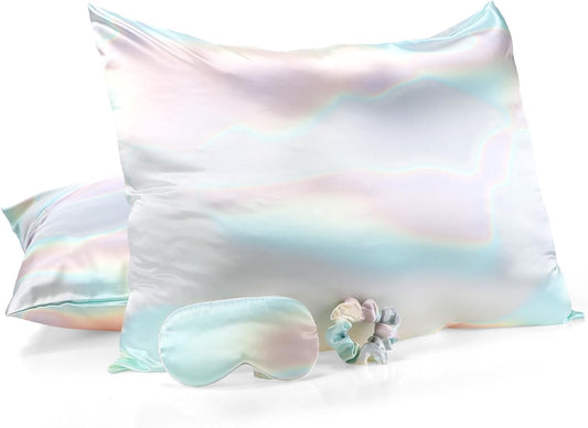 2 Pack Satin Pillowcase with Hidden Zipper, Adjustable Satin Eye Mask for Sleeping and Satin Volume Scrunchie for Hair and Skin, Standard Size(Aurora,Classic Style)