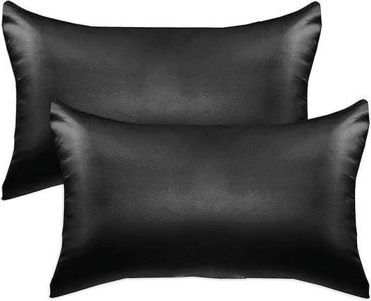2 PACK Cooling Viscose Satin Pillowcase Set with Hidden Zipper Closure, Standard/Queen, Black