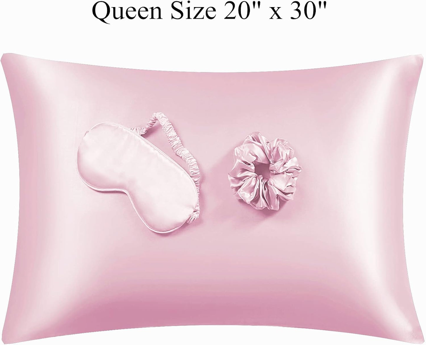 Satin Pillowcase for Hair and Skin, Vegan Silk Pillowcase Set-2 Pink Satin Pillowcases, 1 Eye Mask, 1 Scrunchie-Luxury Sleep Set, Silky Satin Pillow Cases Queen Size with Envelope Closure