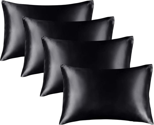 Satin Pillowcase for Hair and Skin, Super Soft Similar to Silk Pillow Cases 4 Pack with Envelope Closure, Cooling Pillowcases for Women Men (20"X30" Queen Size, Black)