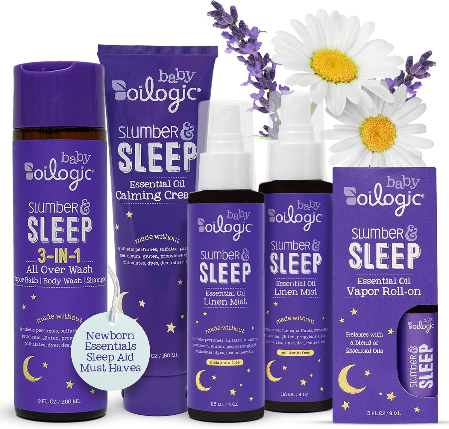 Slumber & Sleep Bath Baby Essentials Gift Set - Includes All over Wash, Calming Cream, Sleep Spray & Roll-On Essential Oils - Pediatrician-Tested Sleep, Comfort & Wellness Blends for Babies