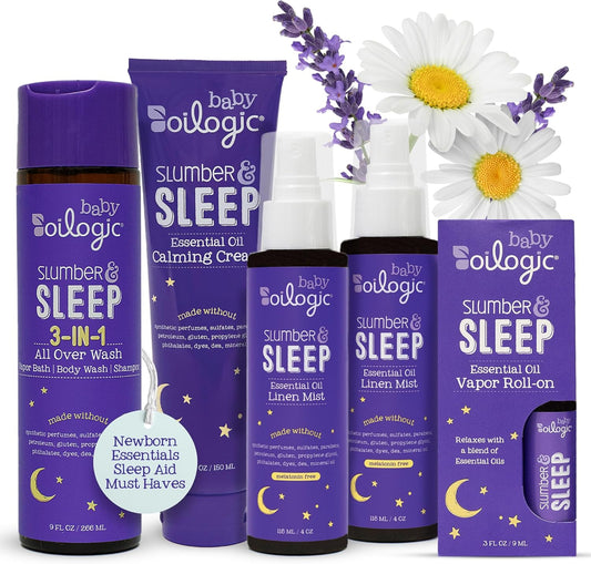 Slumber & Sleep Bath Baby Essentials Gift Set - Includes All over Wash, Calming Cream, Sleep Spray & Roll-On Essential Oils - Pediatrician-Tested Sleep, Comfort & Wellness Blends for Babies