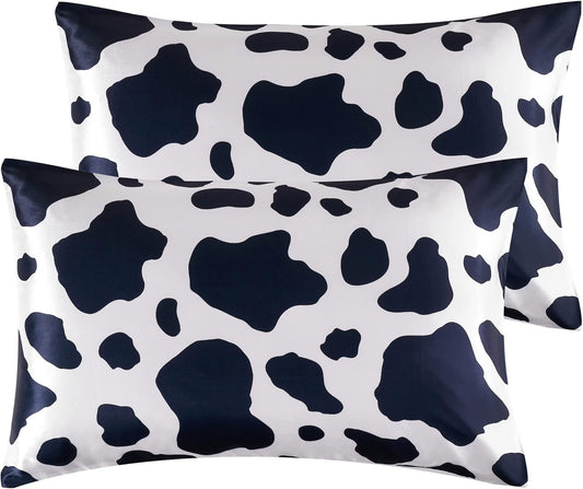 Satin Pillowcase for Hair and Skin, Cow Print Pillow Cases 2 Pack King Satin Pillowcase Set of 2 Cooling Silky Cow Pillowcase with Envelope Closure (20X36 Inches, Black and White)