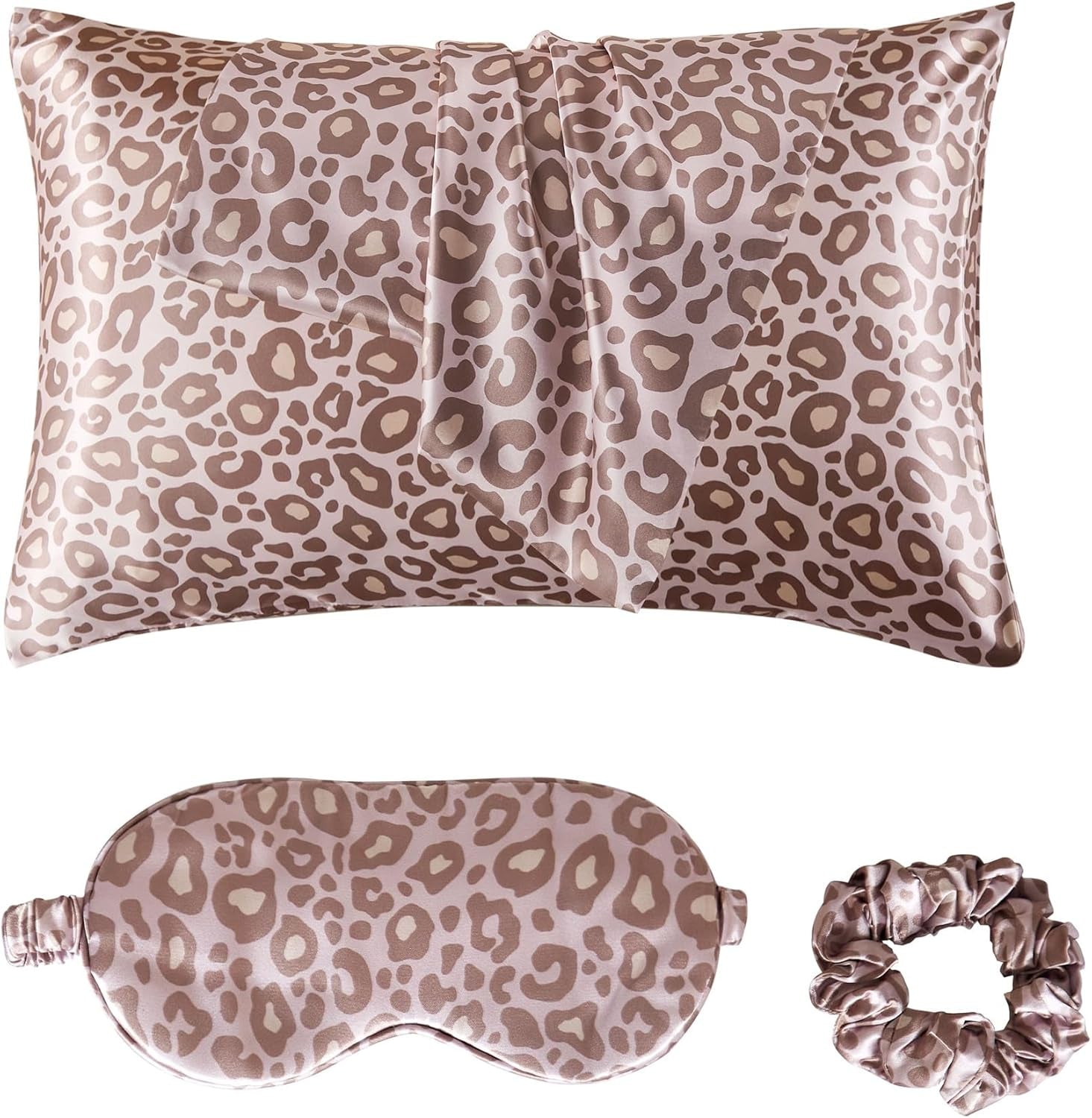 Satin Pillowcase for Hair and Skin, Super Soft Vegan Silk Sleep Set-2 Satin Pillow Cases Standard Size, 1 Eye Mask, 1 Scrunchie, Self Care Essential Satin Night Routine Kit, Pink Leopard