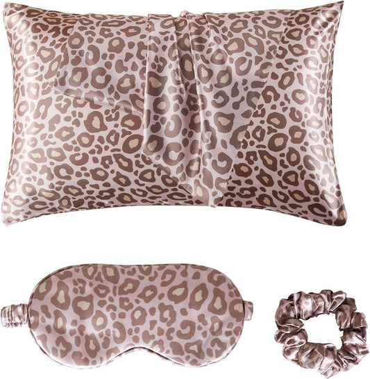 Satin Pillowcase for Hair and Skin, Super Soft Vegan Silk Sleep Set-2 Satin Pillow Cases Standard Size, 1 Eye Mask, 1 Scrunchie, Self Care Essential Satin Night Routine Kit, Pink Leopard