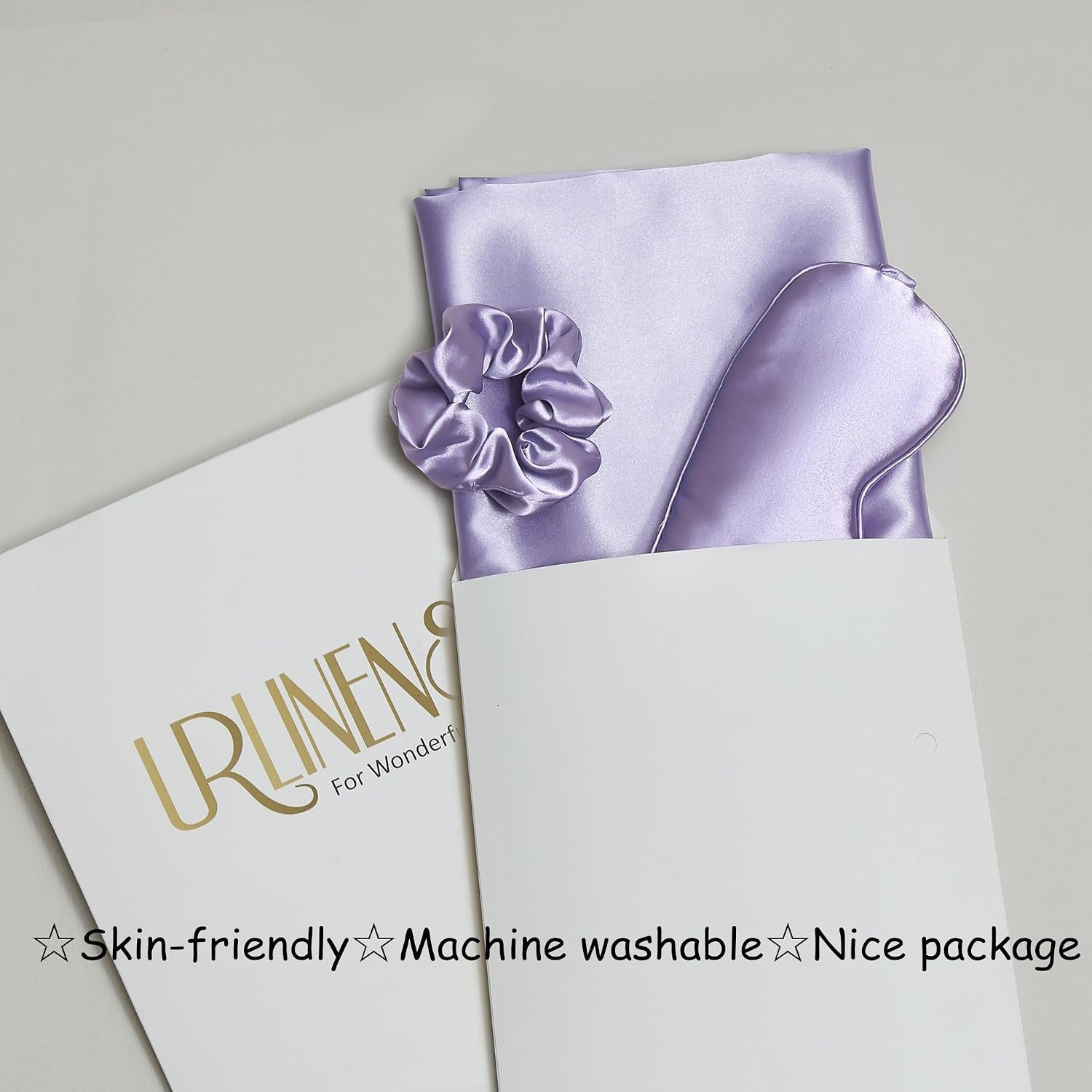 Satin Pillowcase for Hair and Skin, Vegan Silk Pillowcase Sleep Set-2 Purple Satin Pillowcases, 1 Eye Mask, 1 Scrunchie, Soft Silky Satin Pillow Cases Queen Size with Envelope Closure
