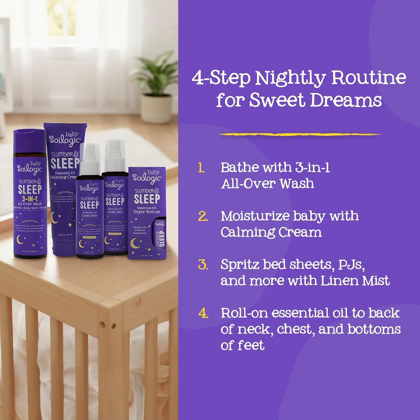 Slumber & Sleep Bath Baby Essentials Gift Set - Includes All over Wash, Calming Cream, Sleep Spray & Roll-On Essential Oils - Pediatrician-Tested Sleep, Comfort & Wellness Blends for Babies