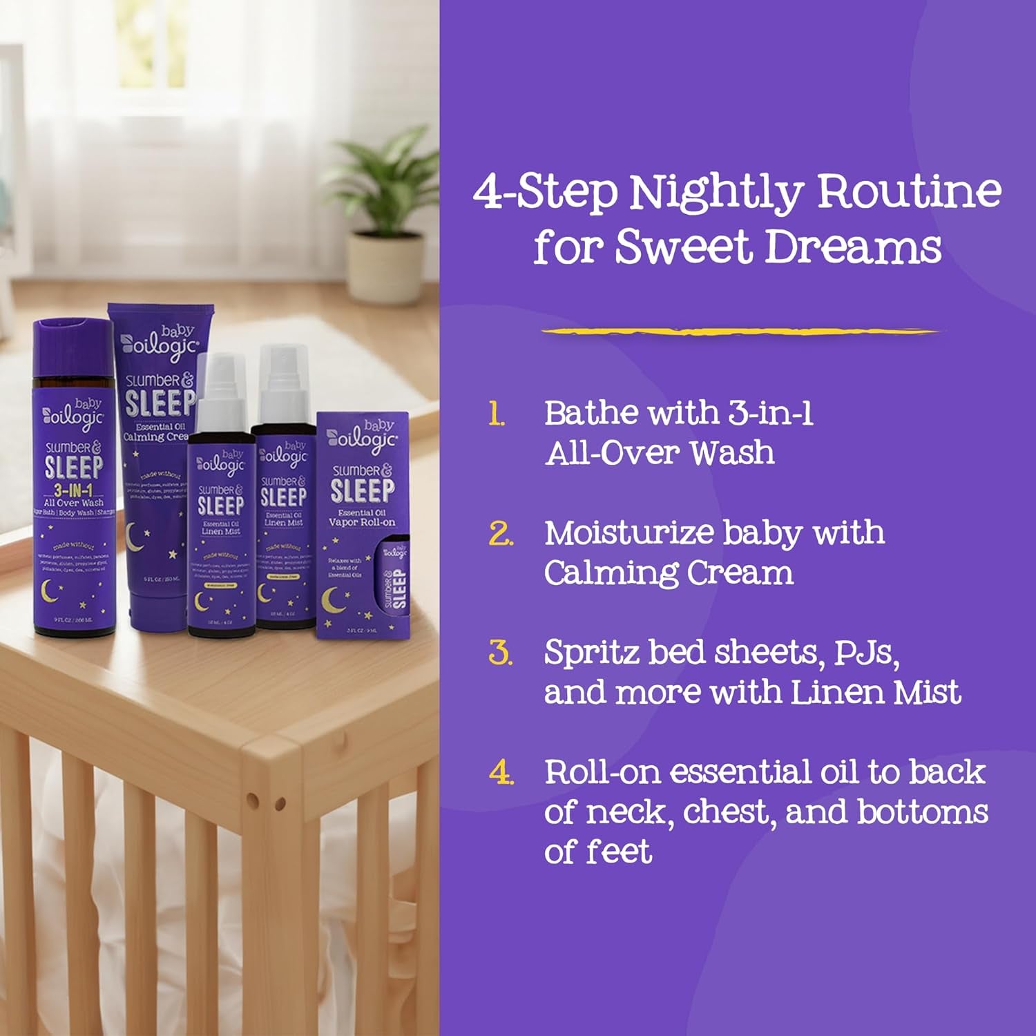Slumber & Sleep Bath Baby Essentials Gift Set - Includes All over Wash, Calming Cream, Sleep Spray & Roll-On Essential Oils - Pediatrician-Tested Sleep, Comfort & Wellness Blends for Babies