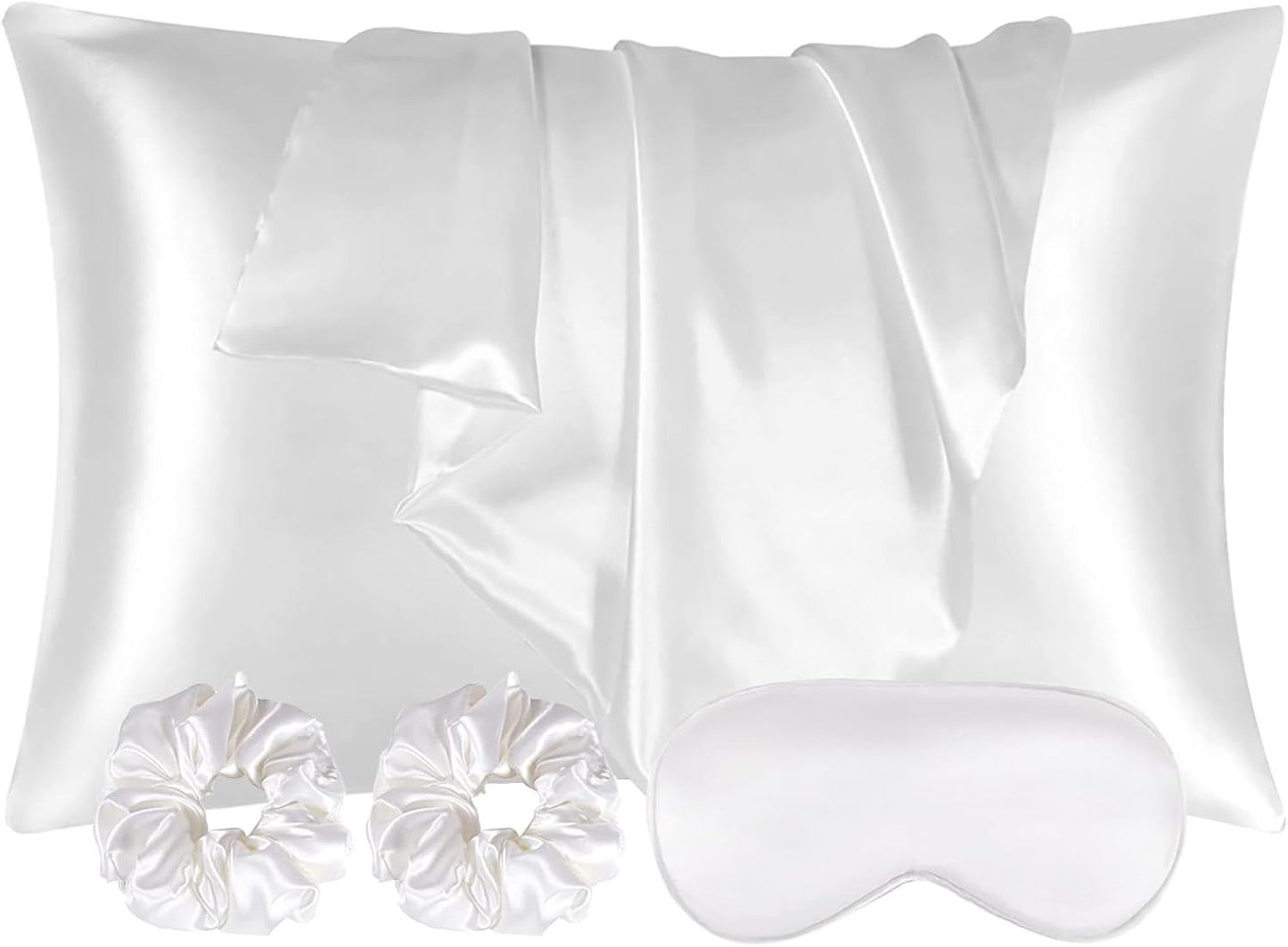 2 Pack Satin Silk Pillowcase, 15.75X31.50Inches Silk Pillowcases for Hair and Skin with 2PCS Satin Hair Scrunchies&Eye Mask, Soft Slip Beauty Sleep Satin Pillowcase, Gifts for Women Men(White)