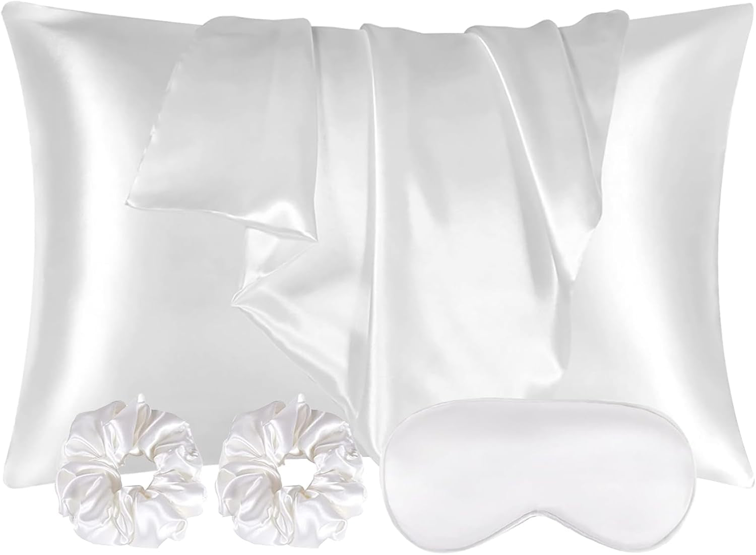 2 Pack Satin Silk Pillowcase, 15.75X31.50Inches Silk Pillowcases for Hair and Skin with 2PCS Satin Hair Scrunchies&Eye Mask, Soft Slip Beauty Sleep Satin Pillowcase, Gifts for Women Men(White)