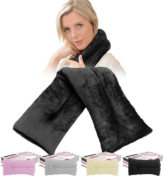 Microwavable Heating Pads for Winter Warmth, Back, Stomach & Head Comfort –  Neck Wrap with Velboa Faux Fur Cover – Even Heat Distribution Hot Compress Bag – Wheat Heat Pad – Unscented – Black