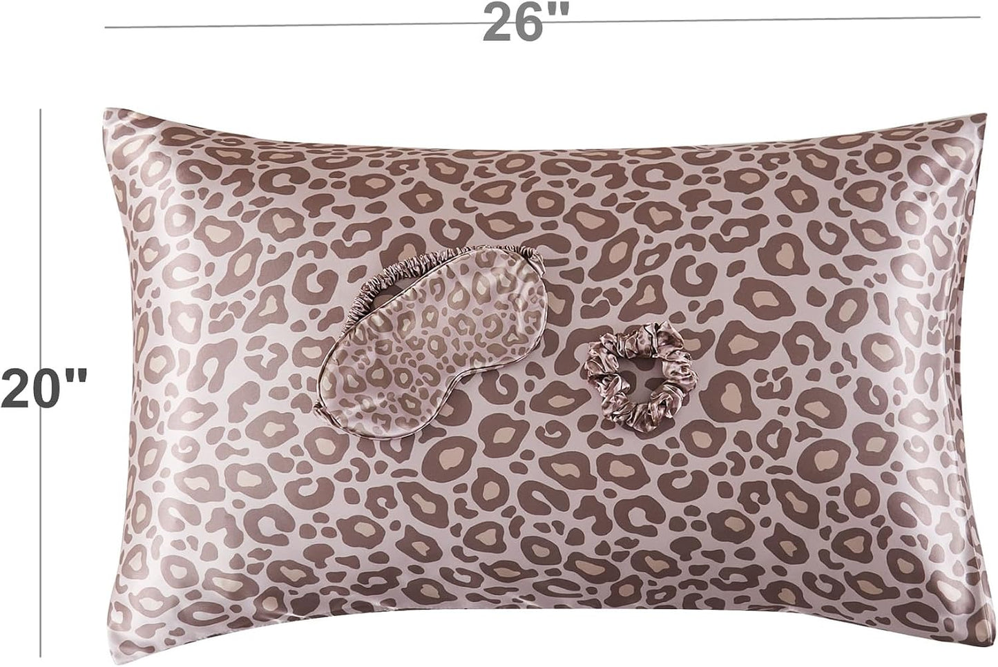 Satin Pillowcase for Hair and Skin, Super Soft Vegan Silk Sleep Set-2 Satin Pillow Cases Standard Size, 1 Eye Mask, 1 Scrunchie, Self Care Essential Satin Night Routine Kit, Pink Leopard