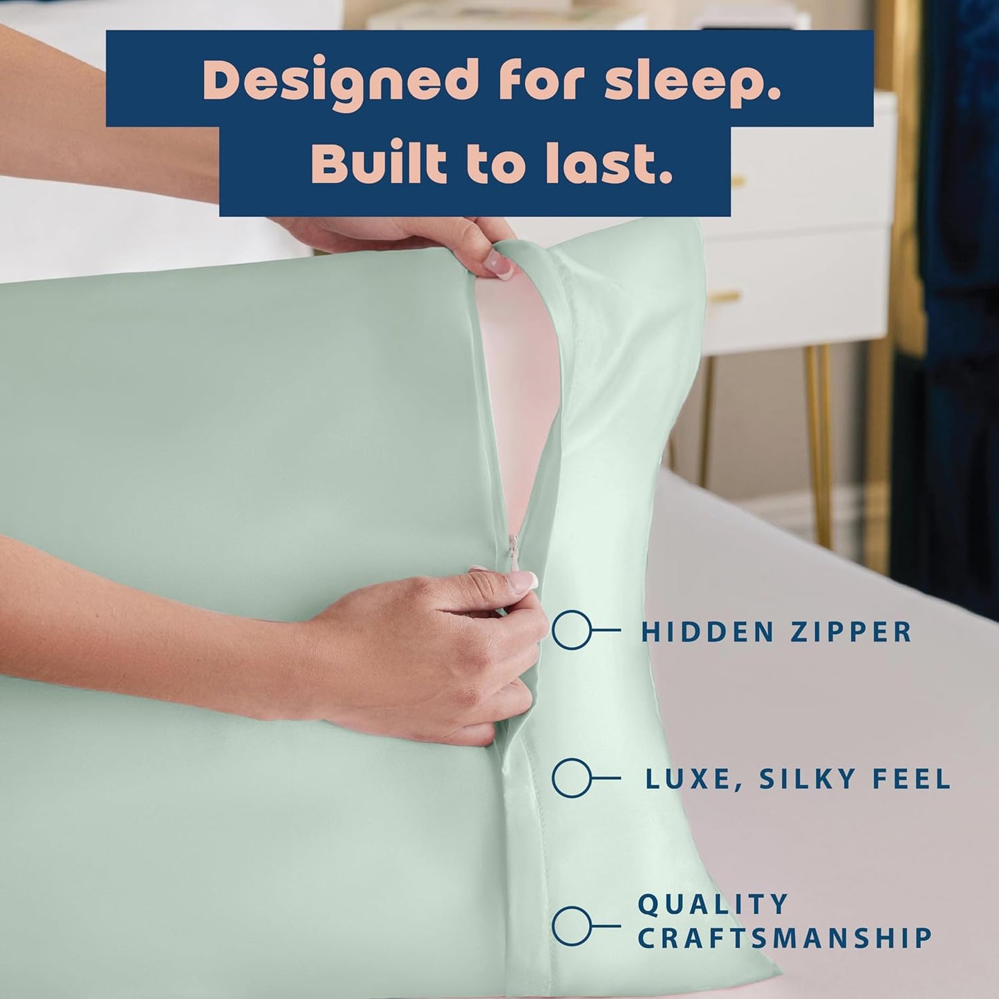 Satin Pillowcase with Zipper, for Hair and Skin Care, Feels Soft and Cool like a Silk Pillowcase, Satin Pillow Cases 2 Pack, Slik Pillow Cover, Mint - Standard Size, Set of 2