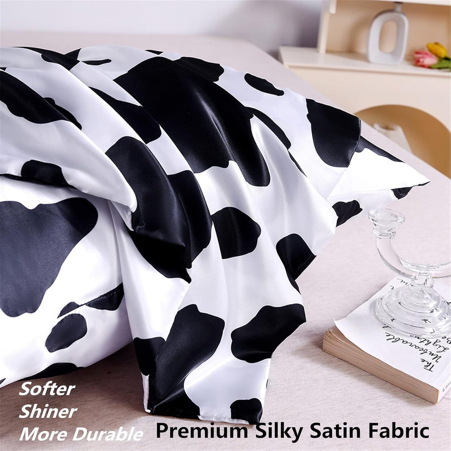 Satin Pillowcase for Hair and Skin, Cow Print Pillow Cases 2 Pack King Satin Pillowcase Set of 2 Cooling Silky Cow Pillowcase with Envelope Closure (20X36 Inches, Black and White)