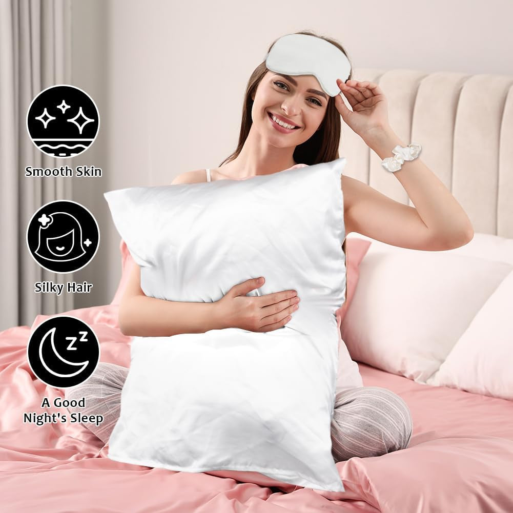 2 Pack Satin Silk Pillowcase, 15.75X31.50Inches Silk Pillowcases for Hair and Skin with 2PCS Satin Hair Scrunchies&Eye Mask, Soft Slip Beauty Sleep Satin Pillowcase, Gifts for Women Men(White)