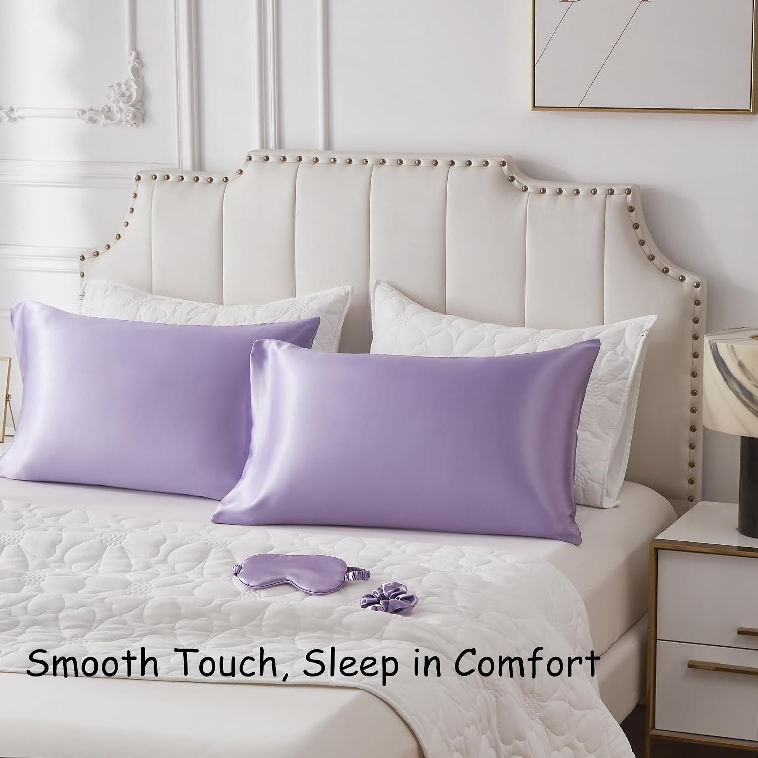 Satin Pillowcase for Hair and Skin, Vegan Silk Pillowcase Sleep Set-2 Purple Satin Pillowcases, 1 Eye Mask, 1 Scrunchie, Soft Silky Satin Pillow Cases Queen Size with Envelope Closure