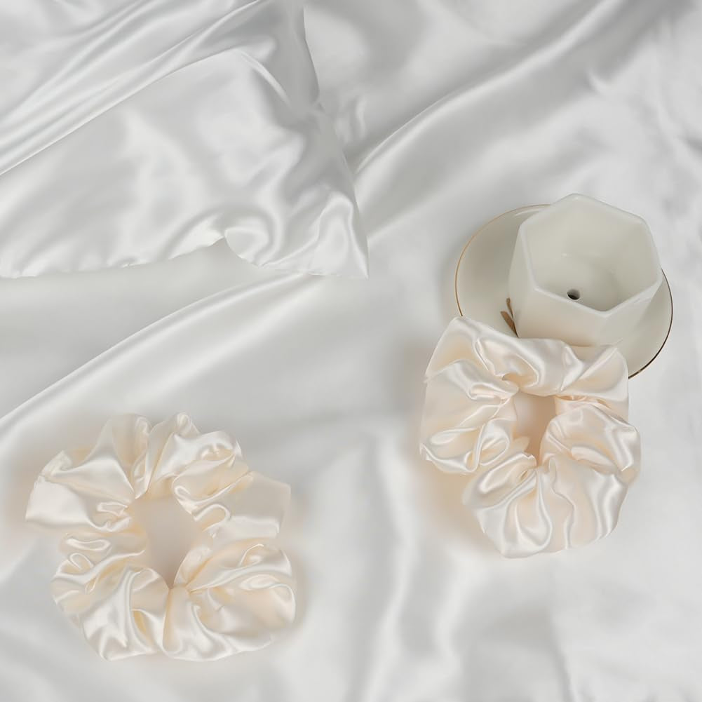 2 Pack Satin Silk Pillowcase, 15.75X31.50Inches Silk Pillowcases for Hair and Skin with 2PCS Satin Hair Scrunchies&Eye Mask, Soft Slip Beauty Sleep Satin Pillowcase, Gifts for Women Men(White)