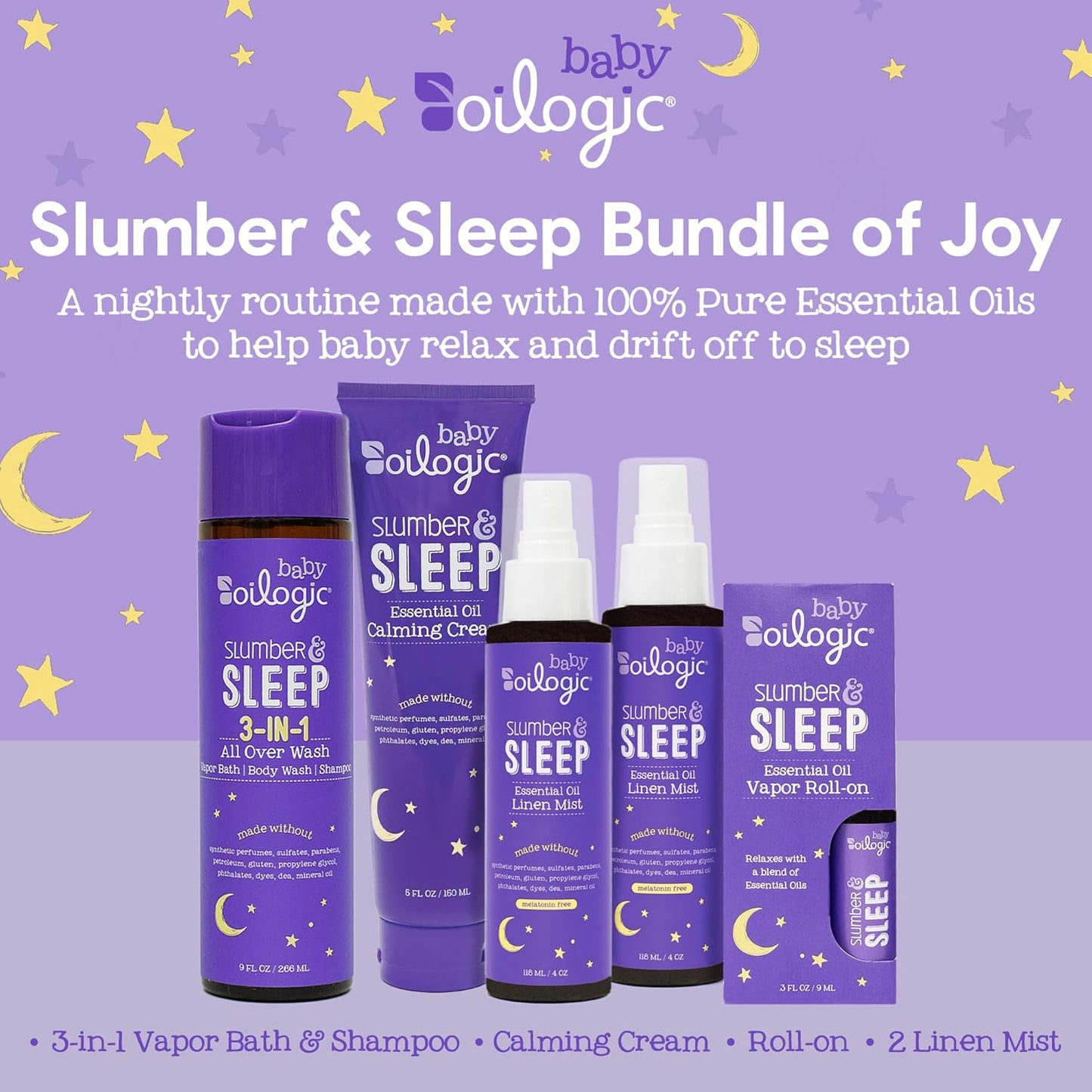 Slumber & Sleep Bath Baby Essentials Gift Set - Includes All over Wash, Calming Cream, Sleep Spray & Roll-On Essential Oils - Pediatrician-Tested Sleep, Comfort & Wellness Blends for Babies