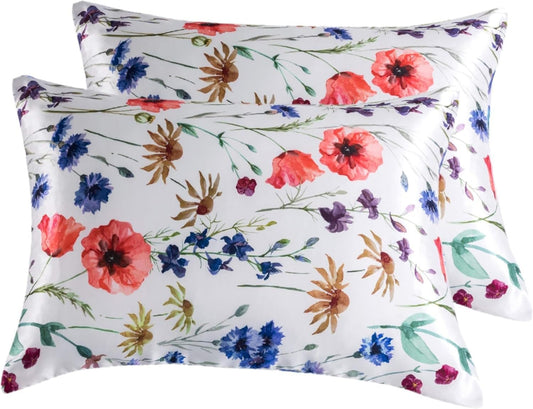 Satin Pillowcase for Hair and Skin, Super Soft and Cooling Similar to Silk Pillow Cases 2 Pack with Envelope Closure Standard Size Satin Pillow Covers, Gifts for Women(20"X26", Floral)