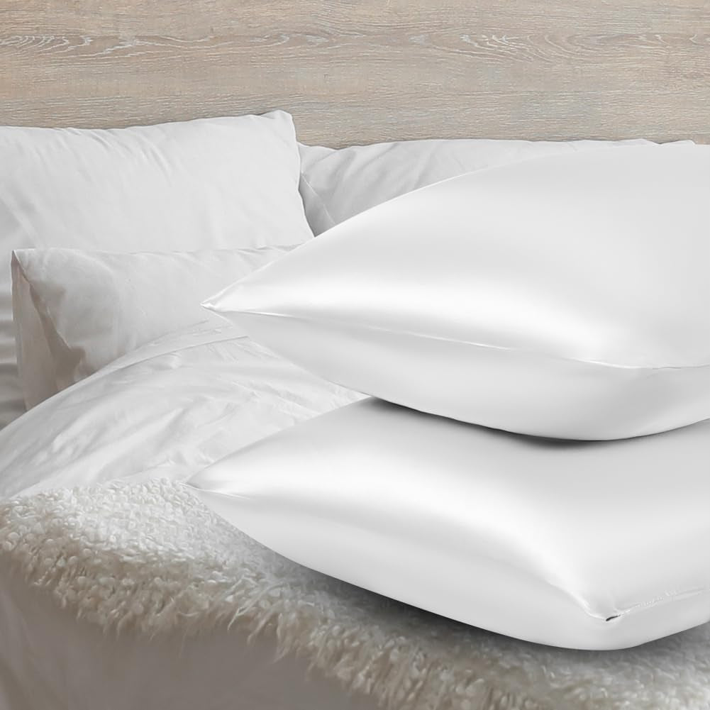 2 Pack Satin Silk Pillowcase, 15.75X31.50Inches Silk Pillowcases for Hair and Skin with 2PCS Satin Hair Scrunchies&Eye Mask, Soft Slip Beauty Sleep Satin Pillowcase, Gifts for Women Men(White)