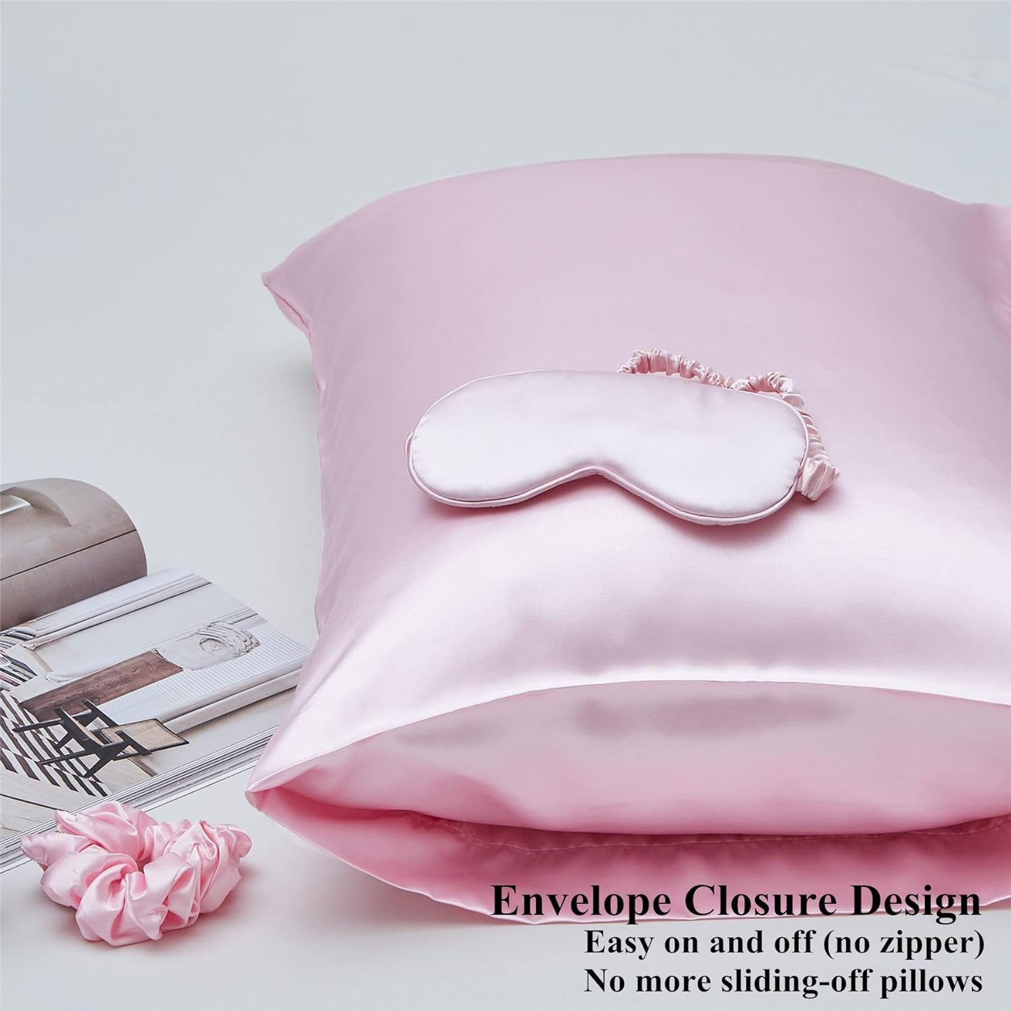 Satin Pillowcase for Hair and Skin, Vegan Silk Pillowcase Set-2 Pink Satin Pillowcases, 1 Eye Mask, 1 Scrunchie-Luxury Sleep Set, Silky Satin Pillow Cases Queen Size with Envelope Closure