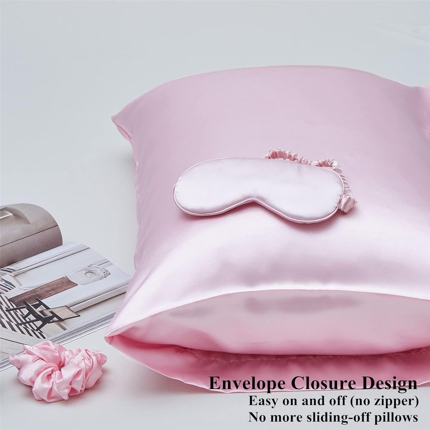 Satin Pillowcase for Hair and Skin, Vegan Silk Pillowcase Set-2 Pink Satin Pillowcases, 1 Eye Mask, 1 Scrunchie-Luxury Sleep Set, Silky Satin Pillow Cases Queen Size with Envelope Closure